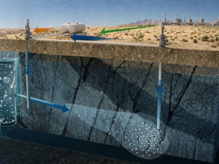 رسم توضيحي لعملية حقن ثاني أكسيد الكربون في أعماق كبيرة داخل صخور بركانية في منطقة جازان، غرب السعودية - كاوست