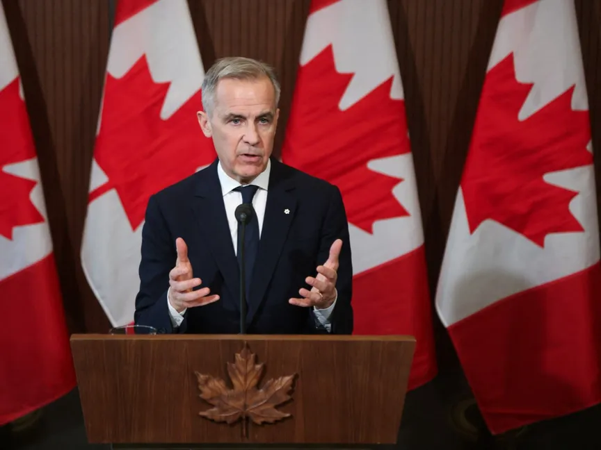 رئيس الوزراء الكندي مارك كارني يتحدث عن الرسوم الجمركية في مؤتمر صحافي في أوتاوا، أونتاريو، كندا. 3 أبريل 2025. - Reuters
