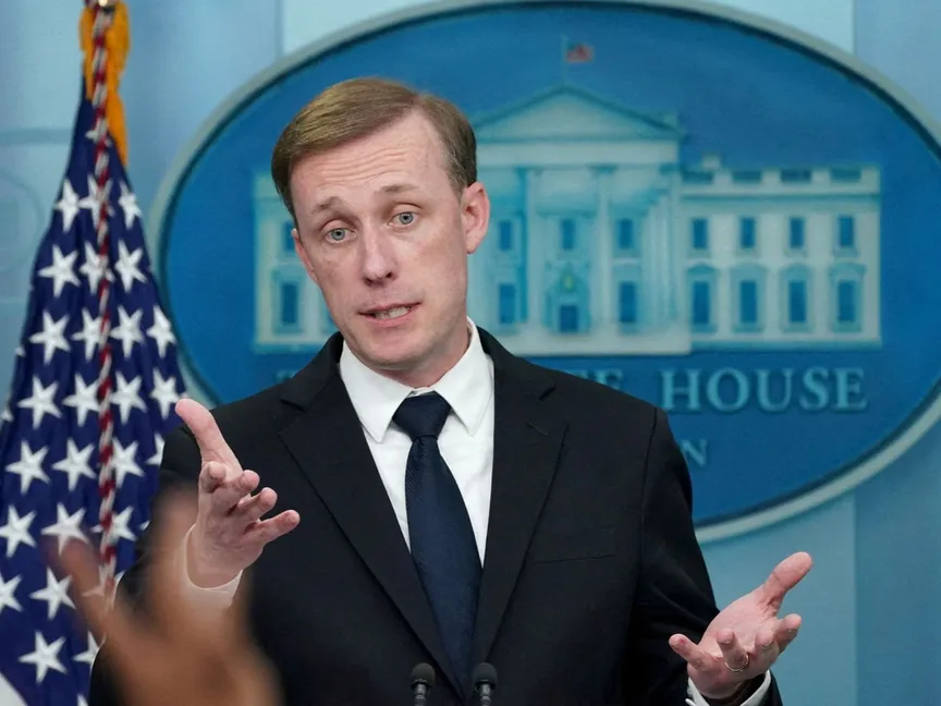 مستشار الأمن القومي الأميركي جيك سوليفان خلال مؤتمر صحافي في البيت الأبيض. 24 أبريل 2023 - REUTERS