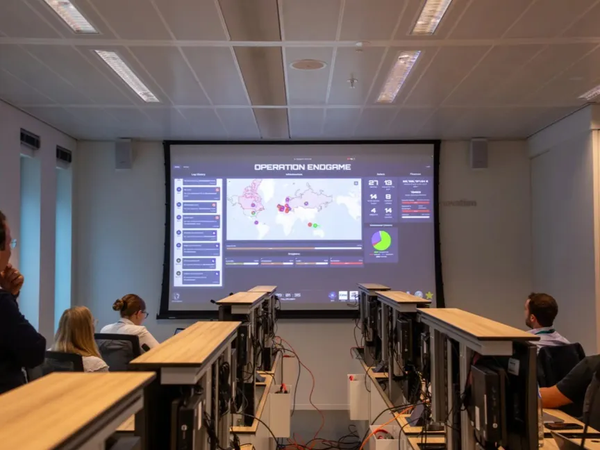 صورة من مقر يوروبول تظهر الأجهزة المختصة وأمامهم شاشة لعملية End game لملاحقة شبكات القرصنة. 30 مايو 2024 - www.europol.europa.eu