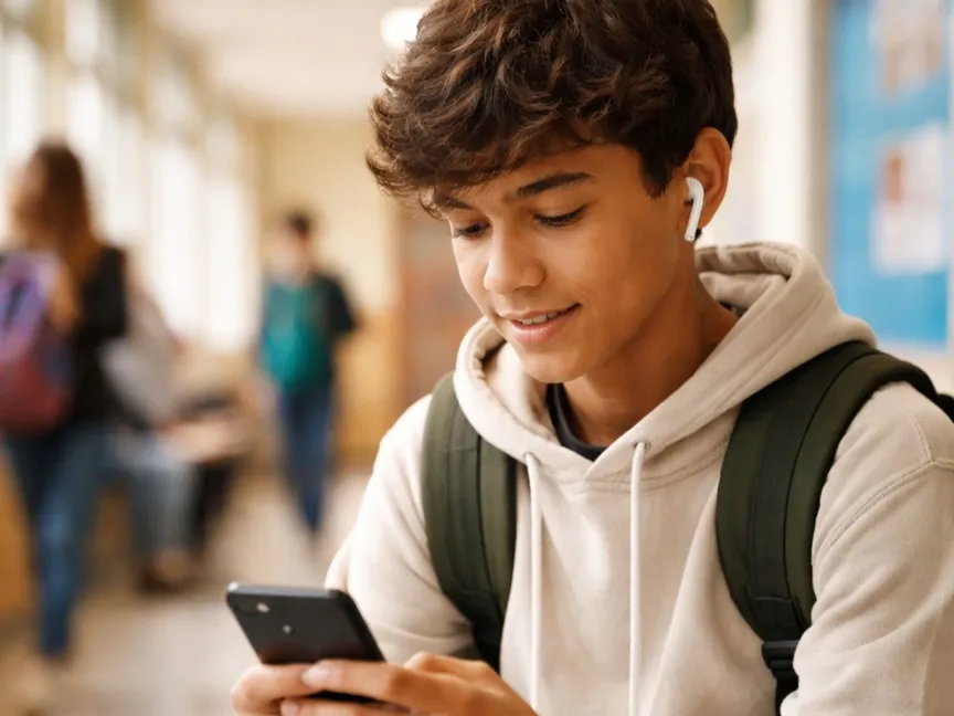 صورة منشأة بالذكاء الاصطناعي لطالب يتصفح هاتفاً ذكياً - الشرق