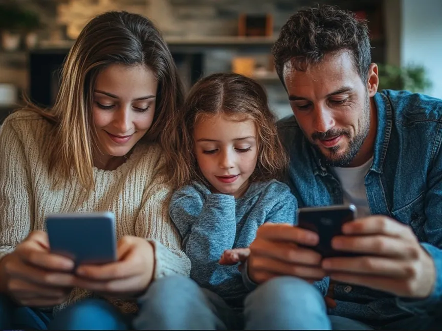 صورة تعبيرية أنتجتها "الشرق" بالذكاء الاصطناعي لزوجين وطفلهما يتفحصون هواتفهم الخلوية. 22 سبتمبر 2024 - Midjourney