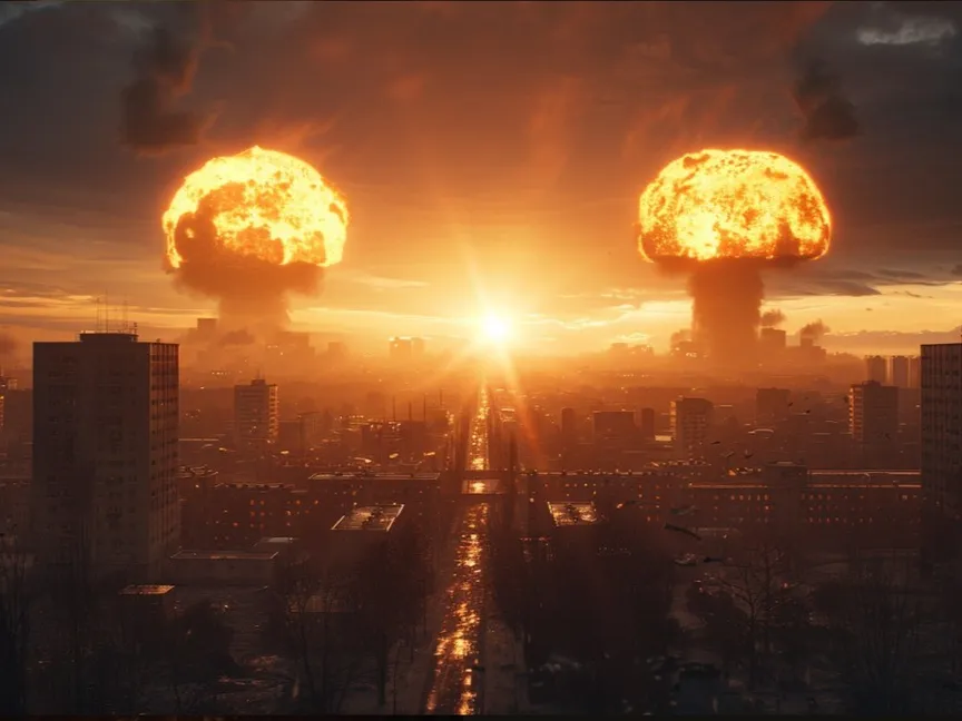 صورة أنتجتها "الشرق" بالذكاء الاصطناعي لرؤوس نووية أطلقت بطريقة عشوائية عبر الذكاء الاصطناعي. 9 مايو 2024 - Midjourney