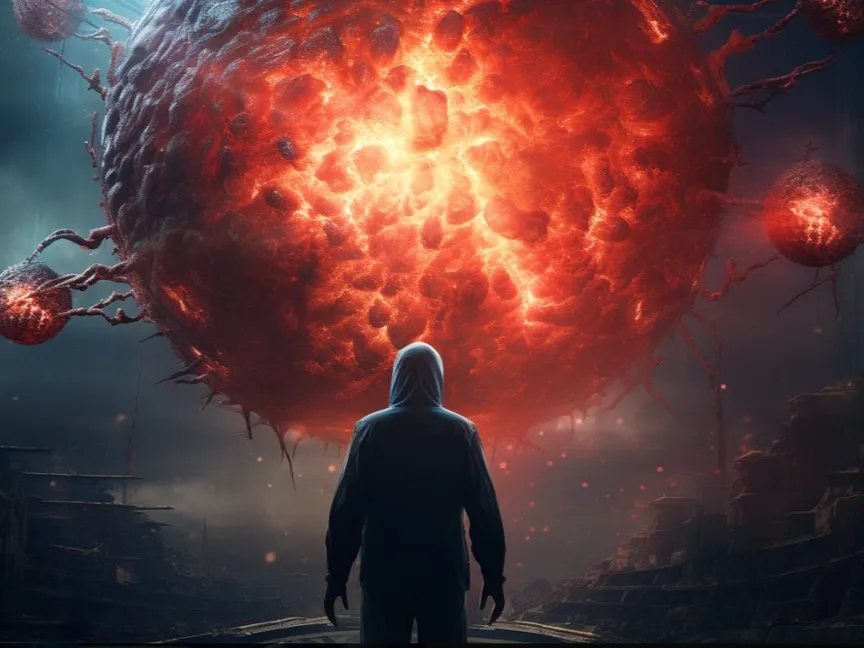 صورة تعبيرية أنتجتها الشرق بالذكاء الاصطناعي لشخص ينظر إلى نواة فيروس ضخم. 22 يناير 2024 - Midjourney