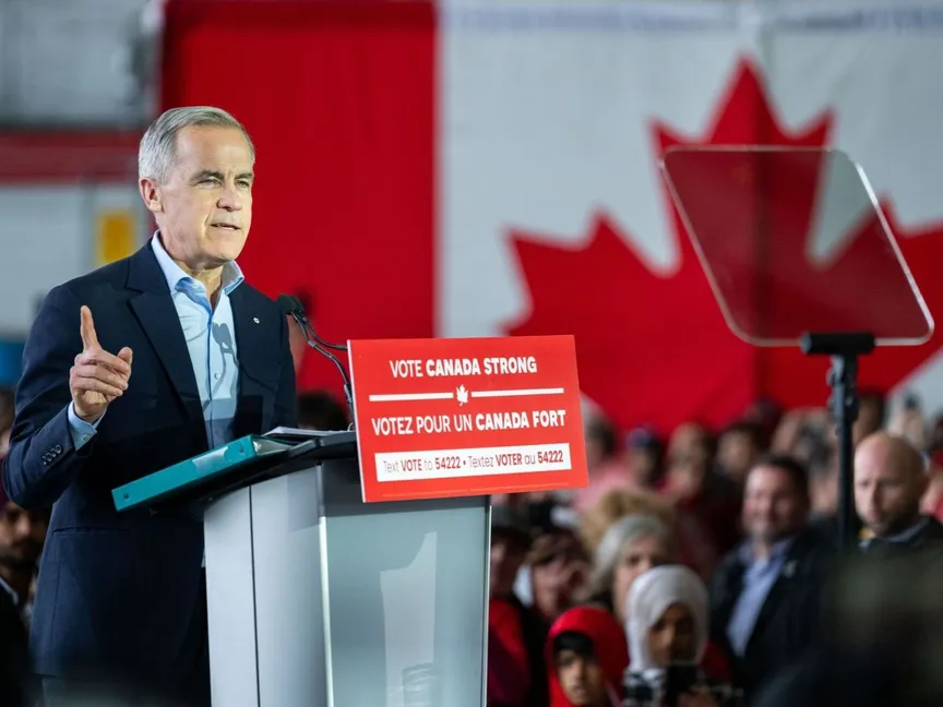 مارك كارني، رئيس وزراء كندا وزعيم الحزب الليبرالي الكندي، خلال تجمع انتخابي في ميسيسوجا، أونتاريو، كندا، السبت 26 أبريل 2025 - Bloomberg