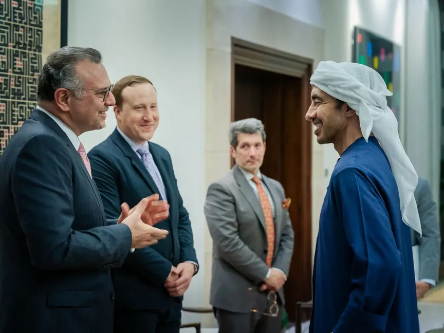 وزير الخارجية الإماراتي الشيخ عبدالله بن زايد يستقبل كبير مستشاري الرئيس الأميركي دونالد ترمب للشؤون العربية والإفريقية مسعد بولس. 24 نوفمبر 2025 - وام