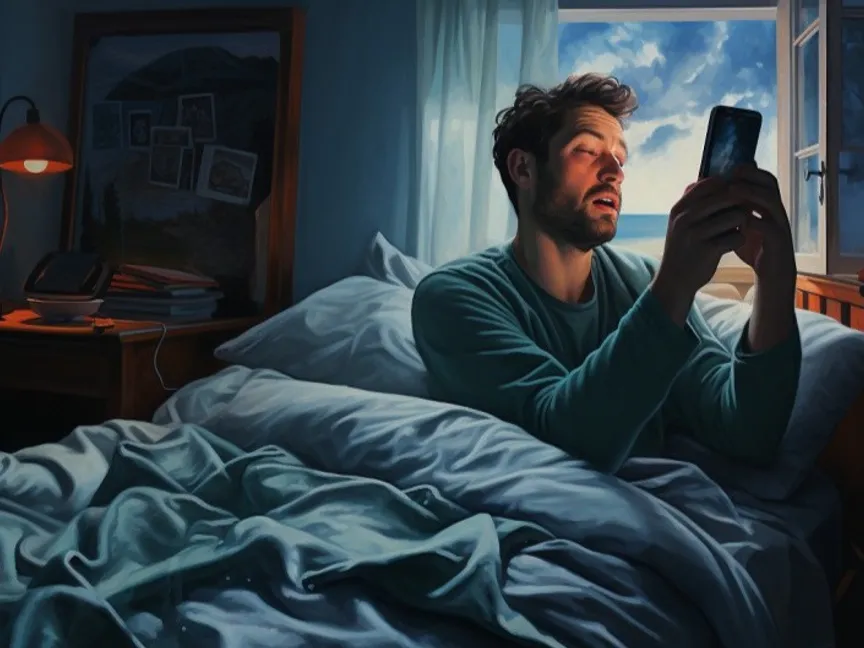 صورة أنتجتها الشرق بالذكاء الاصطناعي لشخص يتفقد هاتفه لحظة استيقاظه - Midjourney