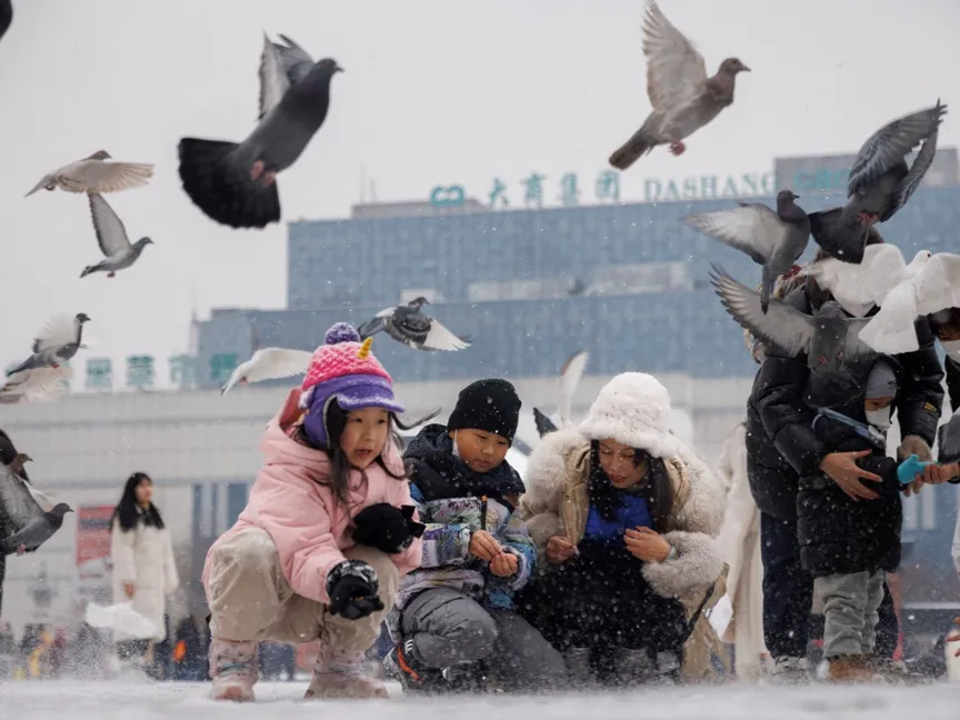 أطفال يطعمون الحمام في هاربين بمقاطعة هيلونج جيانج بالصين. 10 فبراير 2023 - reuters