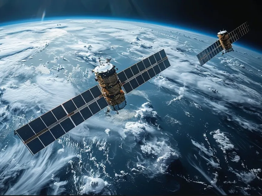 صورة تعبيرية أنتجتها الشرق بالذكاء الاصطناعي لقمرين اصطناعيين في مدارهما حول كوكب الأرض. 18 يونيو 2024 - Midjourney