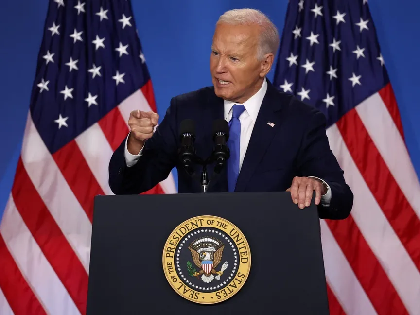 الرئيس الأميركي جو بايدن خلال مؤتمر صحافي منفرد في ختام قمة حلف الناتو في واشنطن، الولايات المتحدة. 12 يوليو 2024 - Reuters