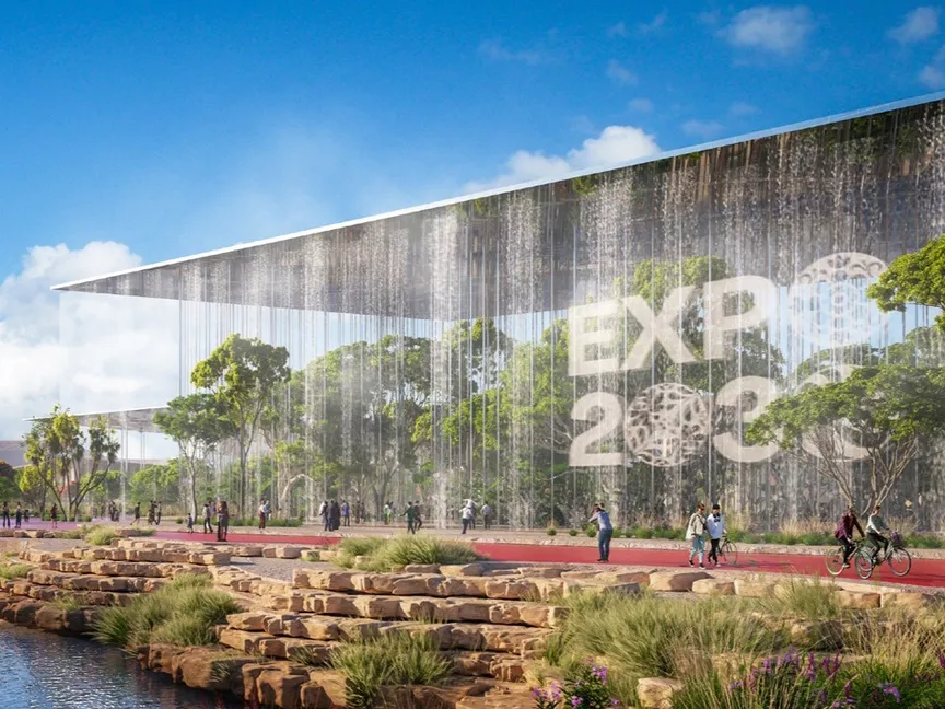 رسم فني لأحد الأجنحة "الخضراء" في "إكسبو الدولي 2030 الرياض" - عرض الترشح لاستضافة "إكسبو 2030"