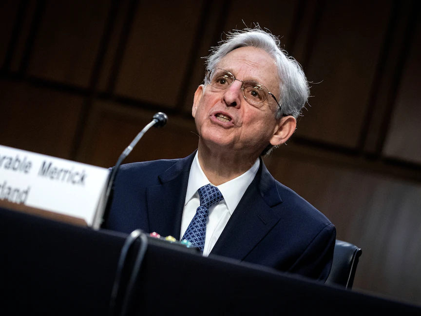 وزير العدل الأميركي الجديد ميريك غارلاند يتحدث خلال جلسة التأكيد أمام مجلس الشيوخ في واشنطن- 22 فبراير 2021 - REUTERS