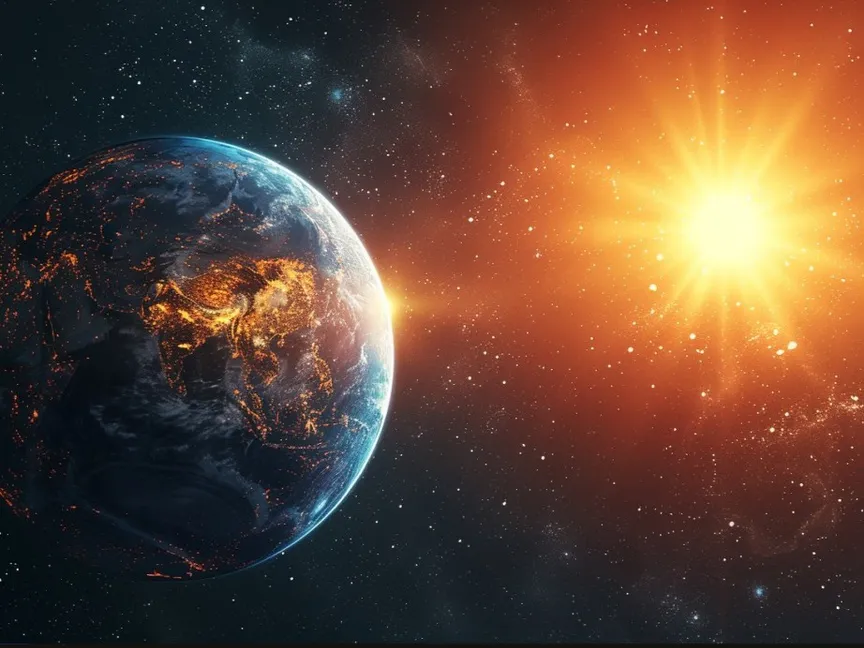 صورة تعبيرية أنتجتها الشرق بالذكاء الاصطناعي لعاصفة شمسية تتجه نحو كوكب الأرض. 1 يونيو 2024 - Midjourney