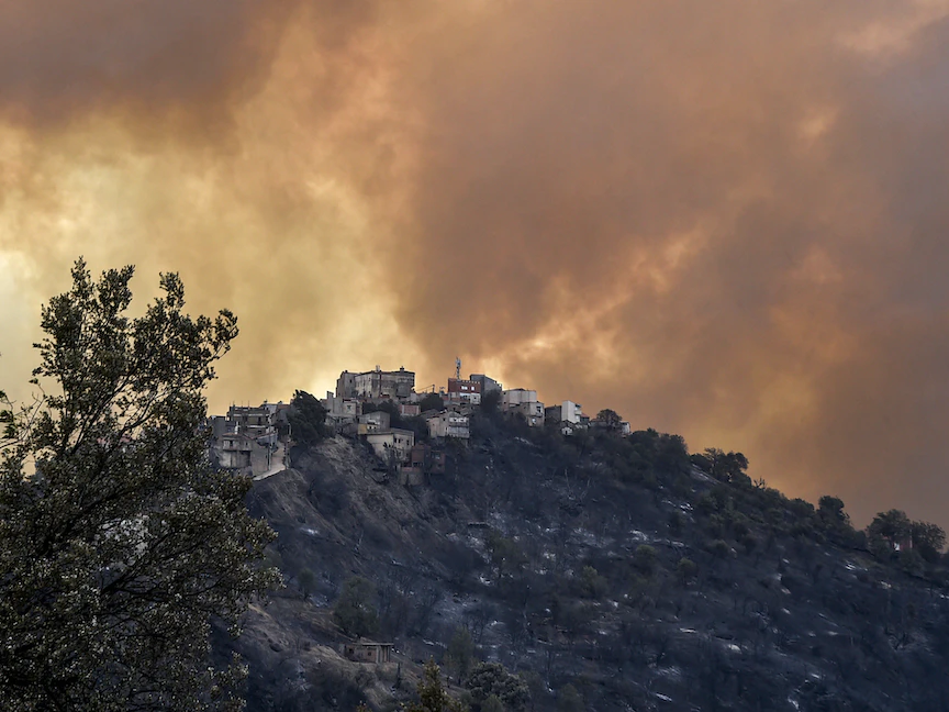 دخان يتصاعد من حريق غابات في التلال الحرجية بمنطقة القبائل، شرق العاصمة الجزائر. 10 أغسطس 2021 - AFP