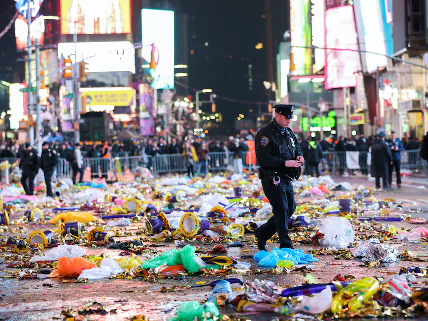 شرطي تابع لولاية نيويورك عقب احتفالات العام الجديد في ميدان تايمز سكوير، نيويورك - 1 يناير 2023 - REUTERS