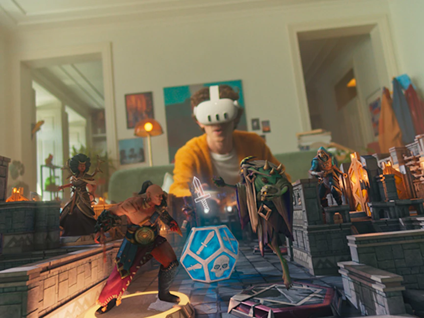 النظارة الجديدة من شركة ميتا "كويست 3" في لقطة من الإعلان الترويجي. - Meta