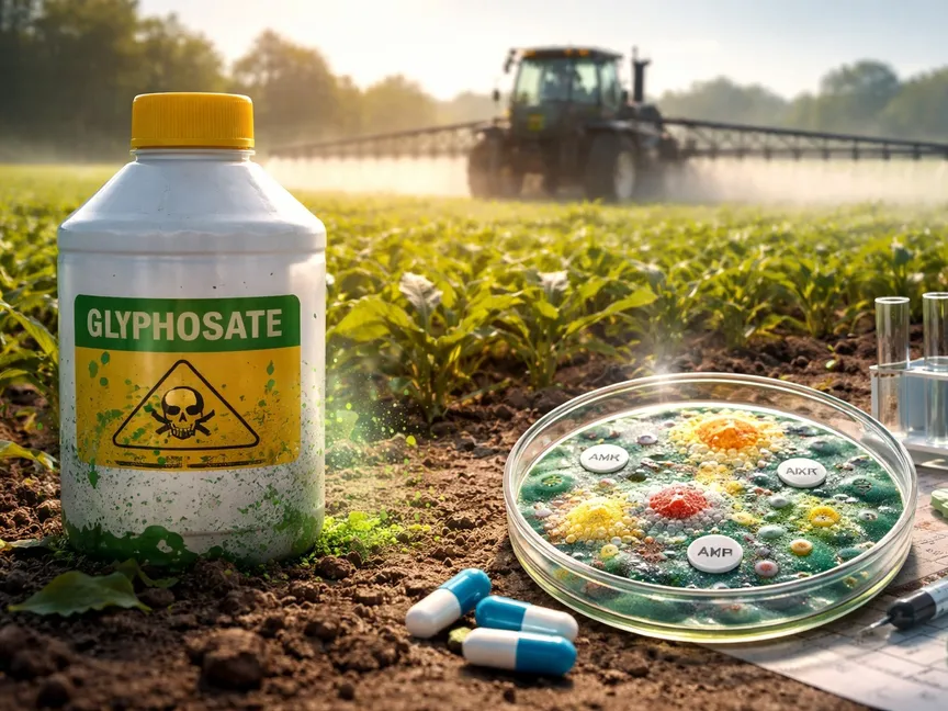 مادة الجليفوسات أظهرت أنها قد تسهم بشكل غير مباشر في انتشار البكتيريا المقاومة للمضادات الحيوية (صورة مصممة بالذكاء الاصطناعي) - الشرق