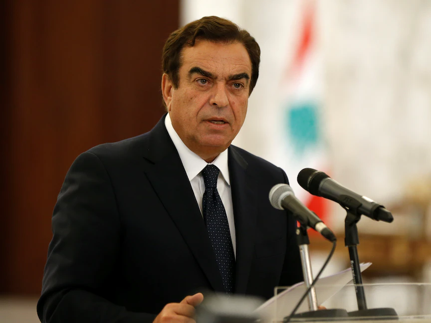 وزير الإعلام اللبناني جورج قرداحي يلقي كلمة في القصر الرئاسي في بعبدا. 13 سبتمبر 2021 - REUTERS