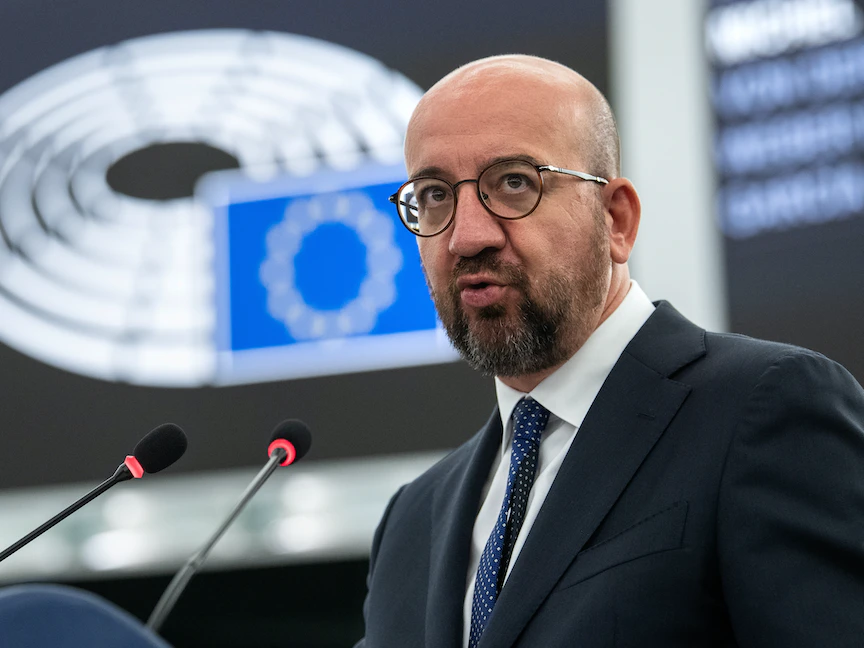 رئيس المجلس الأوروبي شارل ميشيل يلقي كلمة خلال جلسة عامة في البرلمان الأوروبي في ستراسبورغ، فرنسا-7 يوليو 2021 - REUTERS