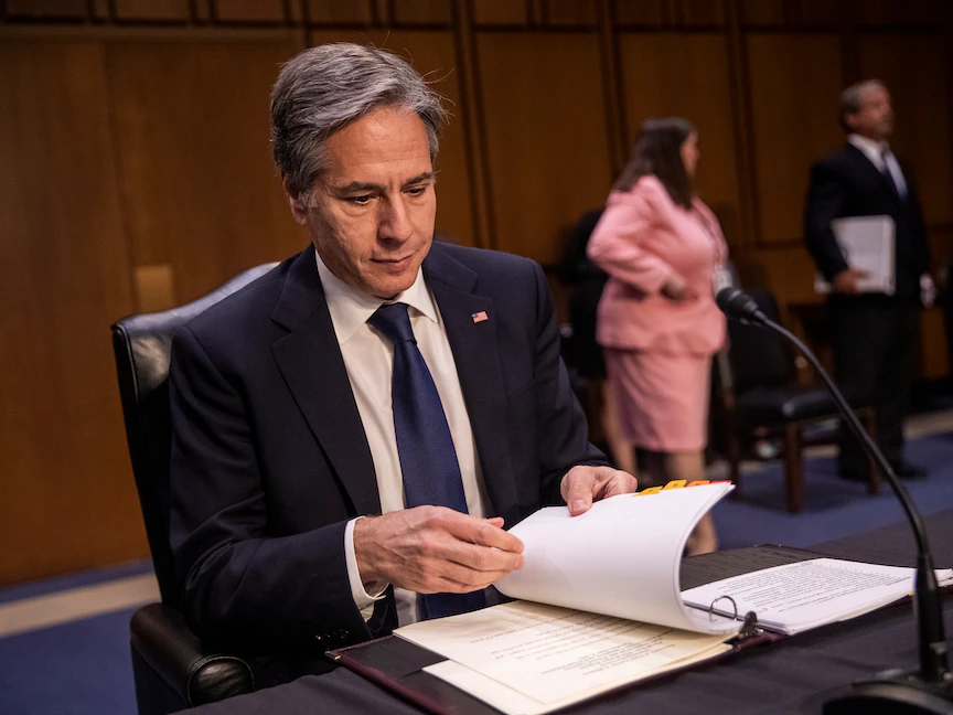 وزير الخارجية الأميركي أنتوني بلينكن يدلي بشهادته أمام لجنة العلاقات الخارجية بمجلس الشيوخ في واشنطن، 8 يونيو 2021 - REUTERS