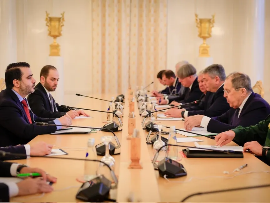 مباحثات روسية سورية برئاسة وزير الخارجية الروسي سيرجي لافروف ونظيره أسعد حسن الشيباني في قصر الضيافة بالعاصمة الروسية موسكو. 31 يوليو 2025 - X@syrianmofaex