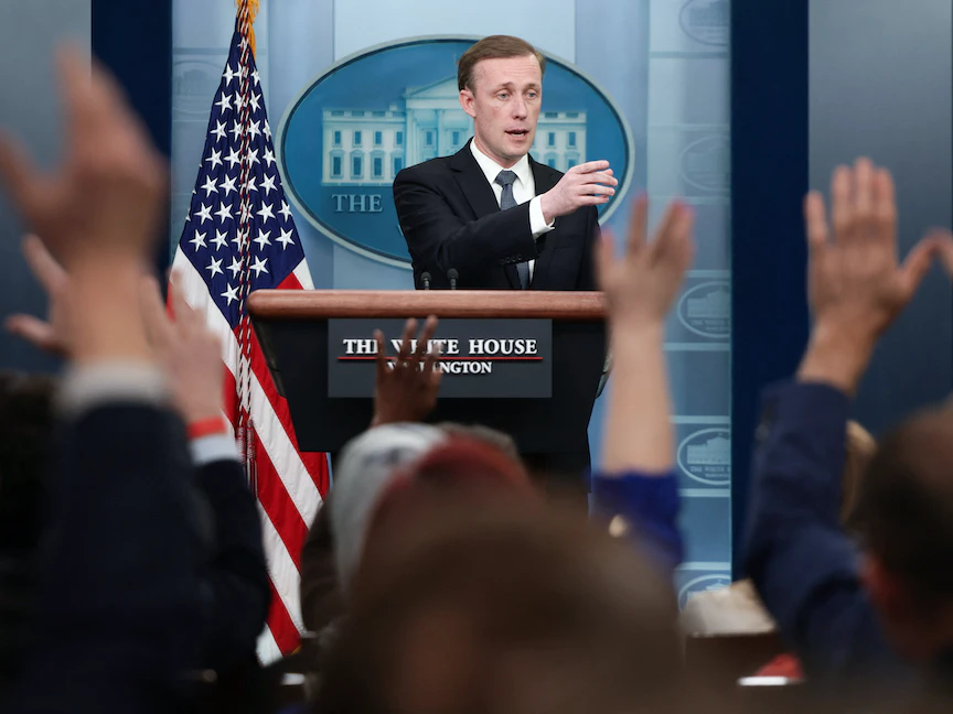 مستشار الأمن القومي الأميركي جيك سوليفان خلال مؤتمر صحافي في البيت الأبيض- 18 مايو 2022 - REUTERS