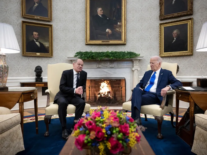 الرئيس الأميركي جو بايدن خلال لقاء المستشار الألماني أولاف شولتز بالبيت الأبيض في واشنطن. 9 فبراير 2024 - AFP