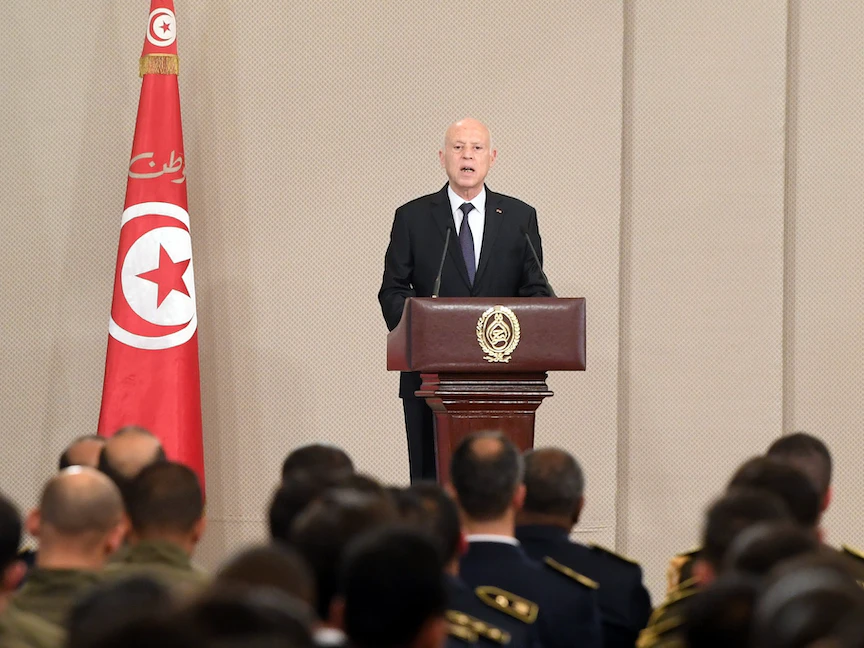 الرئيس التونسي قيس سعيد يلقي كلمة في قصر قرطاج بمناسبة الذكرى السابعة والستين لعيد قوات الأمن الداخلي. 18 أبريل 2023 - Facebook@Presidence.tn