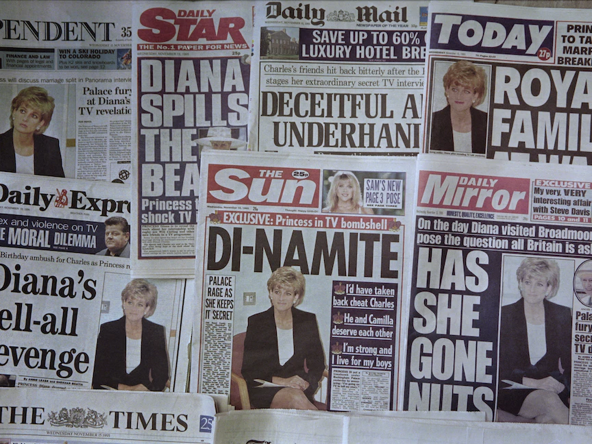 صورة الأميرة ديانا على الصفحات الأولى للدوريات البريطانية بعد مقابلتها المثيرة للجدل عام 1995 - AFP