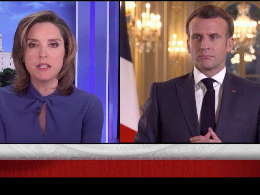 الرئيس الفرنسي إيمانويل ماكرون خلال مقابلة مع شبكة "سي بي إس" الأميركية- 17 أبريل 2021 - AFP