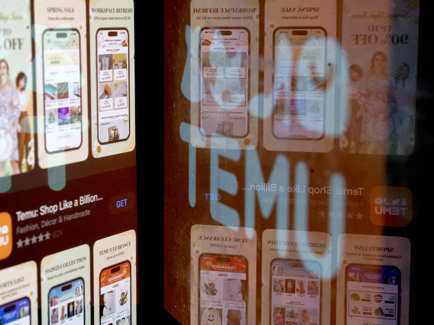 شعار تطبيق Temu في مقر الشركة بالعاصمة الأميركية واشنطن. 23 فبراير 2023 - AFP