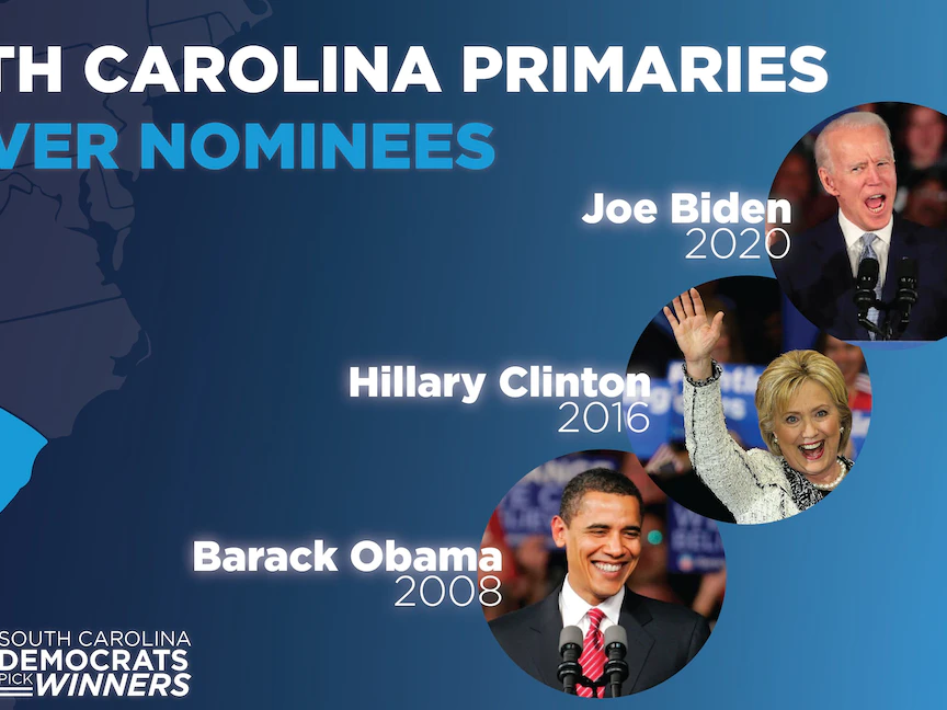 حملة ولاية ساوث كارولاينا لتثبيب اقتراح الرئيس بايدن ببدء الانتخابات التمهيدية للحزب الديمقراطي من هذه الولاية الشرقية ذات الأغلبية العرقية من أصول إفريقية - 3 فبراير 2023 - https://twitter.com/scdp/status/1621544240122662913/photo/1