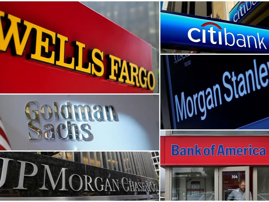 صورة مركبة تضم شعارات بنوك أميركية "ويلز فارغو" و"سيتي بنك" و"غولدمان ساكس" و"جي بي مورغان ساكس" بالإضافة إلى "بنك أوف أميركا" - REUTERS