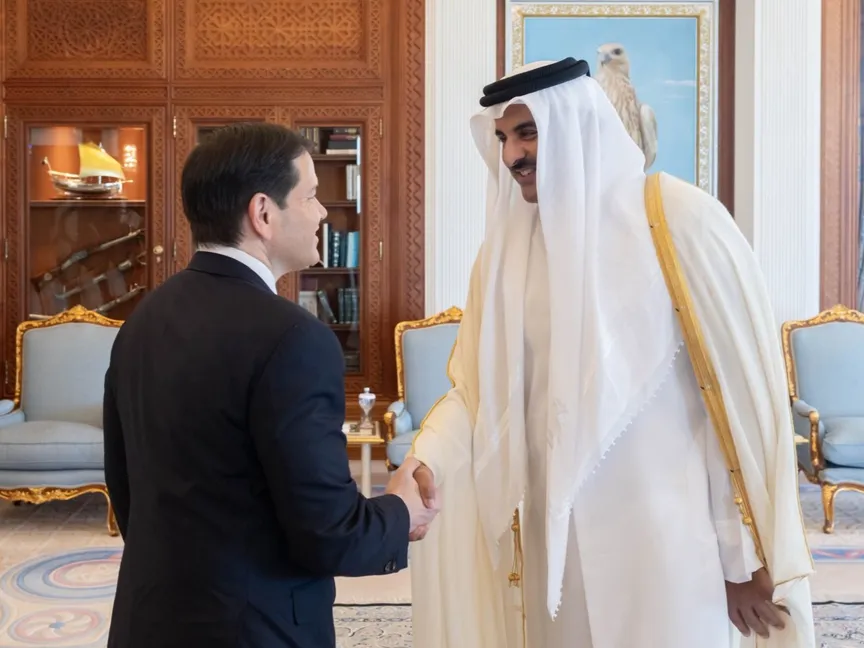 أمير قطر الشيخ تميم بن حمد يستقبل وزير الخارجية الأميركي ماركو روبيو في الدوحة. 16 سبتمبر 2025 - X.COM/@QatarNewsAgency