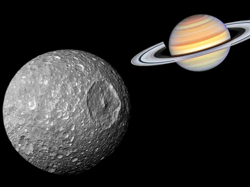 رسم توضيحي يظهر قمر زحل 'ميماس' مع العملاق الغازي إنسيلادوس - مصدر الصورة: NASA