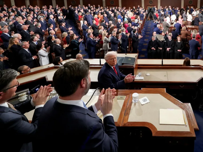 الرئيس الأميركي دونالد ترمب خلال خطاب حالة الاتحاد أمام مجلسي الكونجرس. 25 فبراير 2026 - Reuters