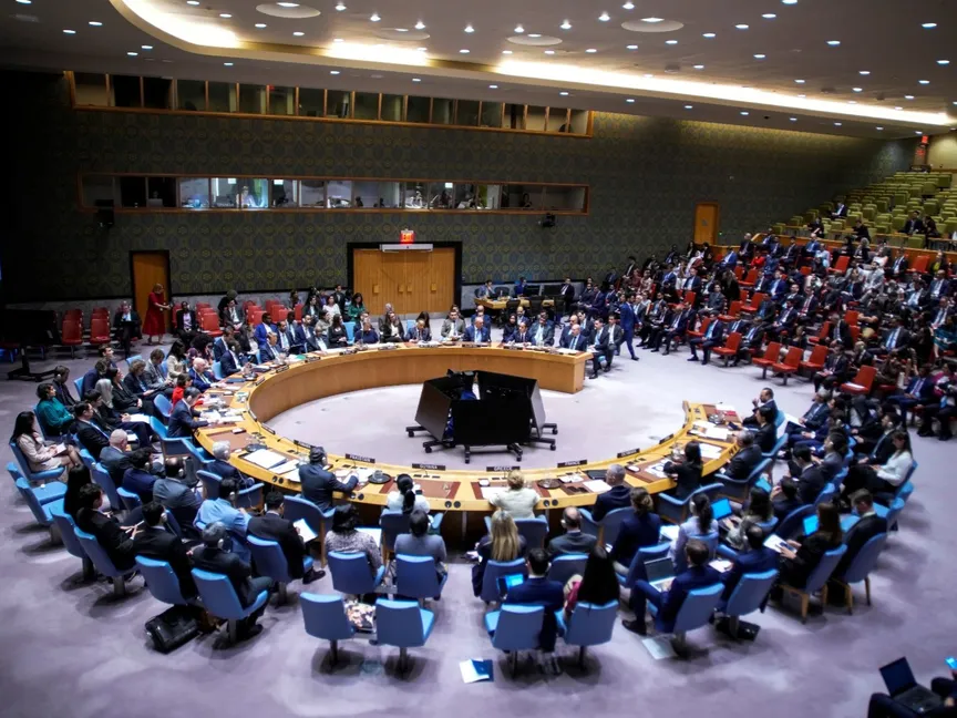 جانب من الجلسة الطارئة لمجلس الأمن الدولي في نيويورك لبحث الهجوم الإسرائيلي على قطر. 11 سبتمبر 2025 - REUTERS