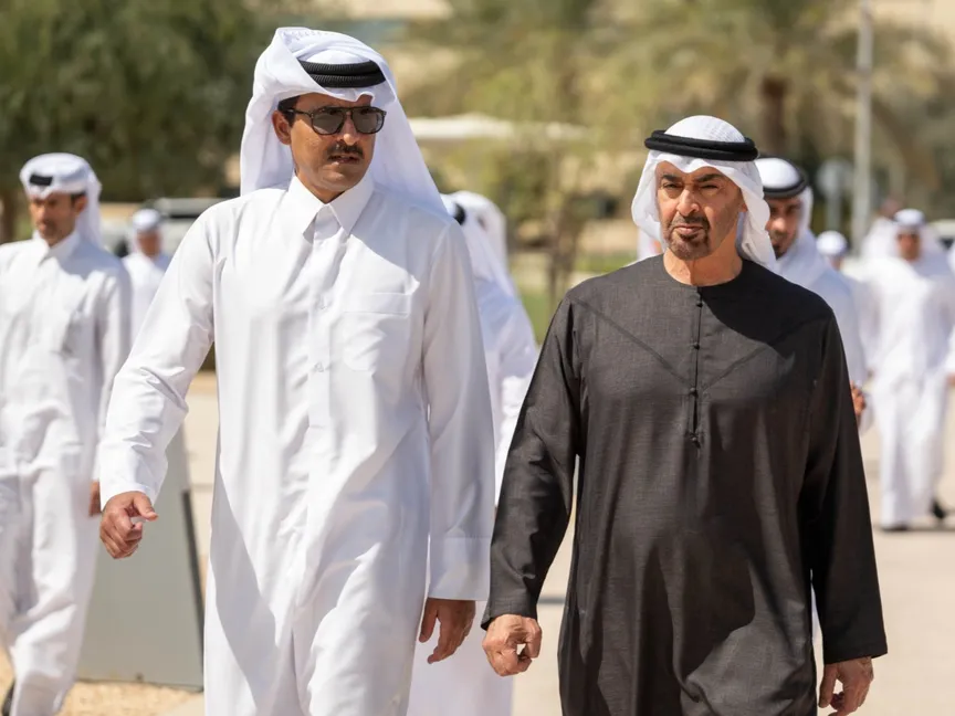 رئيس دولة الإمارات الشيخ محمد بن زايد وأمير قطر الشيخ تميم بن حمد آل ثاني، في أبوظبي، 14 فبراير 2026 - TamimBinHamad