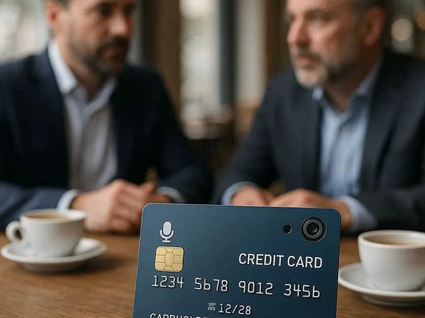 صورة صممتها " الشرق" بالذكاء الاصطناعي لجهاز على شكل بطاقة بنكية يحمل کامیرا وميكروفون للتجسس - Asharq