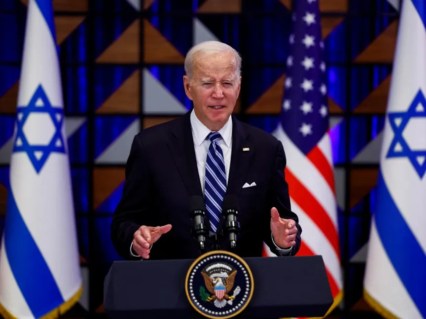 الرئيس الأميركي جو بايدن يتحدث خلال زيارته تل أبيب. 18 أكتوبر 2023 - Reuters