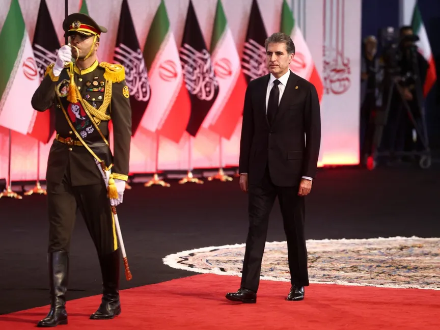 رئيس إقليم كردستان العراق نيجيرفان بارزاني خلال مراسم تشييع المرشد الإيراني علي خامنئي بالعاصمة طهران إيران. 3 يوليو 2026 - REUTERS