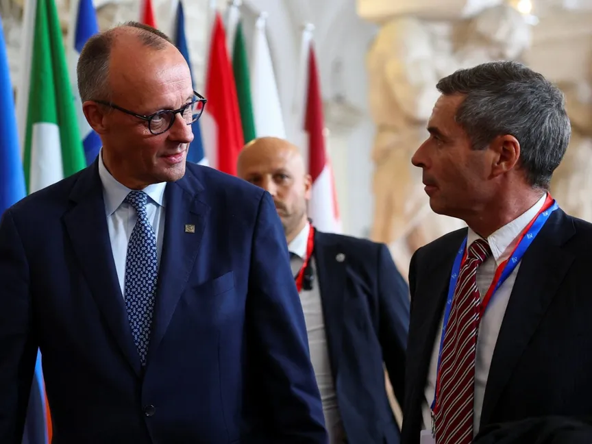 المستشار الألماني فريدريش ميرتس خلال الاجتماع غير الرسمي لزعماء الاتحاد الأوروبي في كوبنهاجن. الدنمارك في 1 أكتوبر 2025 - reuters