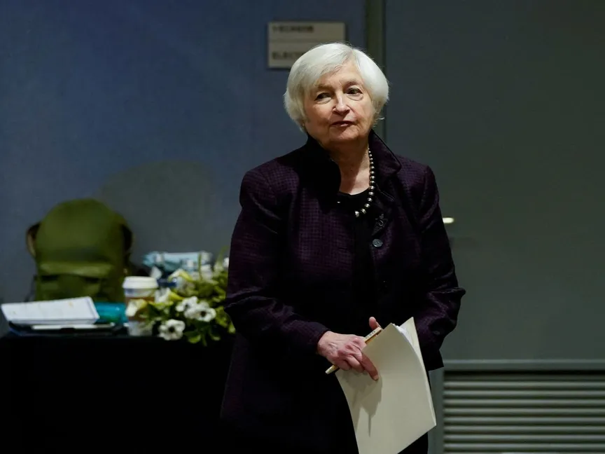 وزيرة الخزانة الأميركية جانيت يلين خلال الاجتماعات السنوية لصندوق النقد والبنك الدوليين في واشنطن - REUTERS