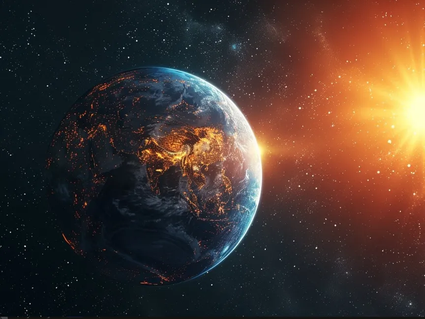 صورة تعبيرية أنتجتها الشرق بالذكاء الاصطناعي لعاصفة شمسية تتجه نحو كوكب الأرض. 1 يونيو 2024 - Midjourney