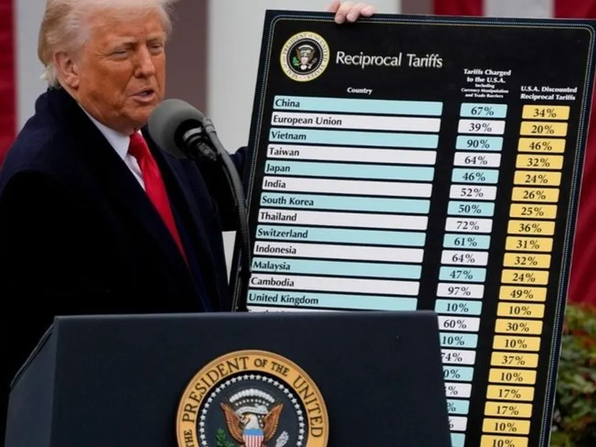 الرئيس الأميركي دونالد ترمب يحمل قائمة الرسوم الجمركية المتبادلة خلال الإعلان عنها في حديقة البيت الأبيض بالعاصمة واشنطن يوم الأربعاء 2 أبريل 2025 - بلومبرغ