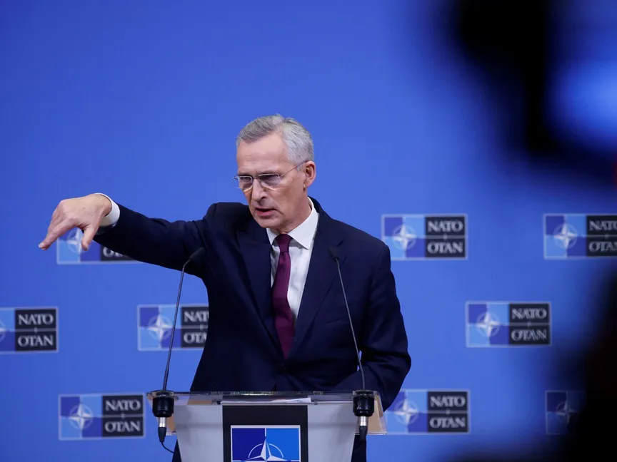 الأمين العام لحلف الناتو ينس ستولتنبرج في مؤتمر صحافي في بروكسل. 4أبريل 2024 - REUTERS