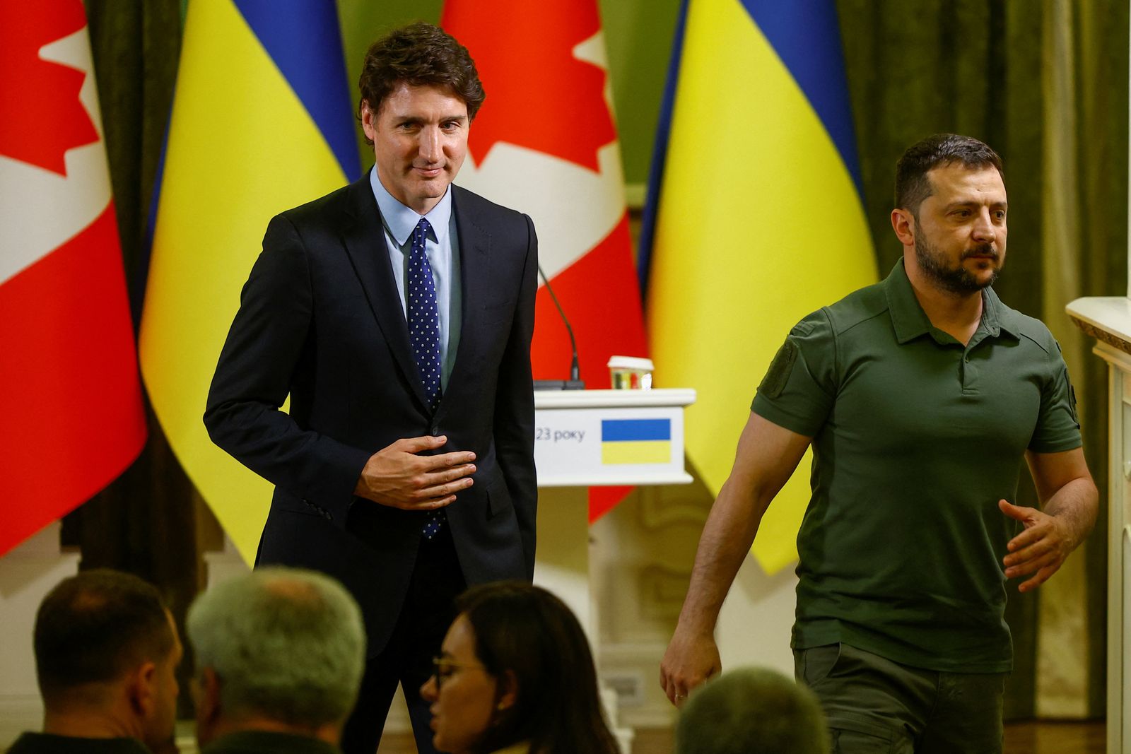 Canadian Prime Minister Trudeau and Ukraine's President Zelenskiy leave a joint press conference in Kyiv - REUTERS