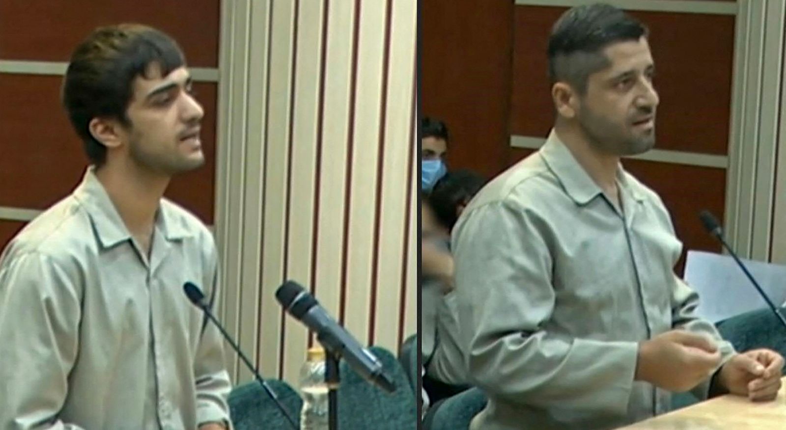 محمد مهدي كرمي وسيد محمد حسيني خلال إحدى جلسات محاكمتهما قبل أن تعدمهما السلطات الإيرانية في 7 يناير 2023 - AFP