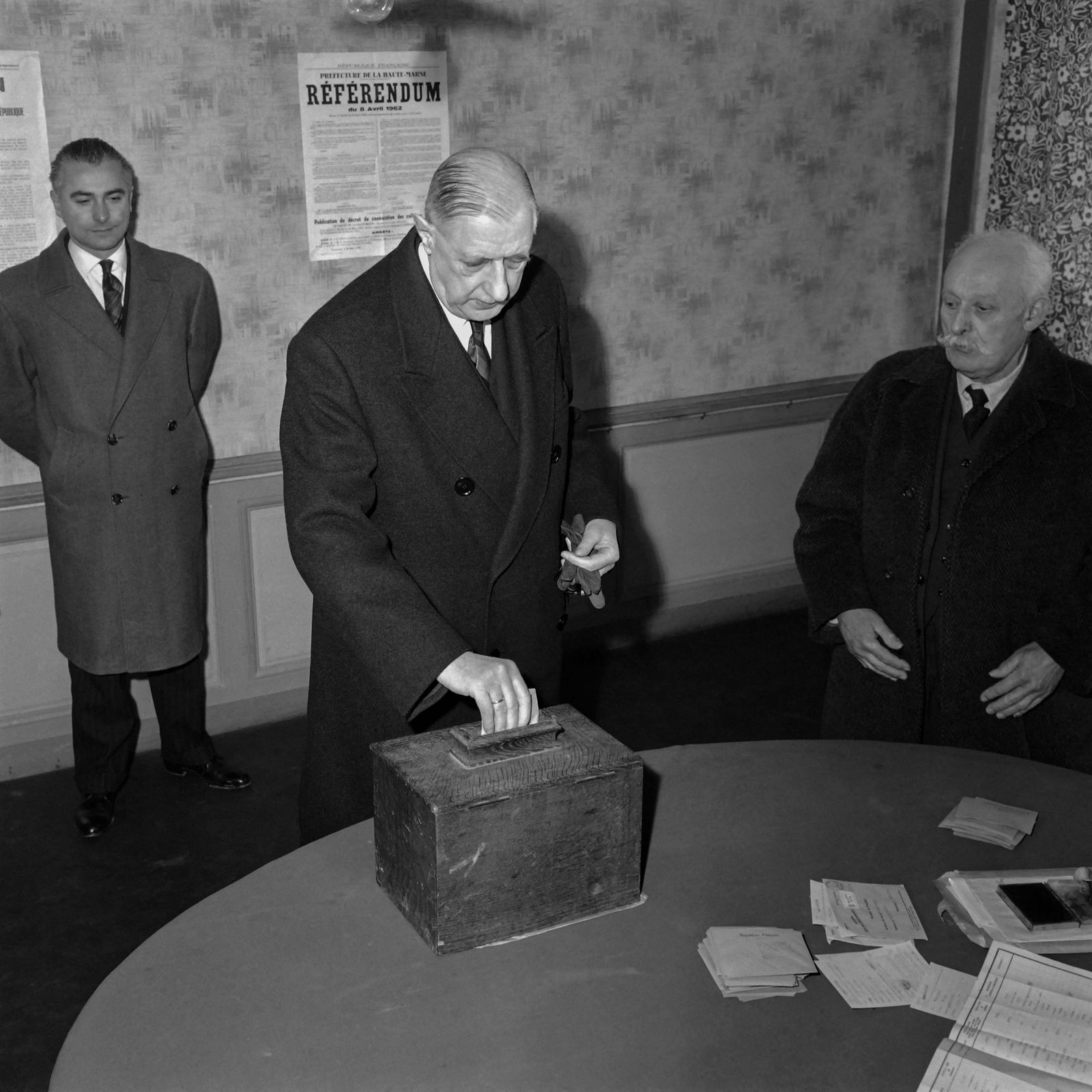 (FILES) In this file photo taken on April 8, 1962, French President of the Republic General Charles de Gaulle votes at the polling station of the town hall of Colombey-les-Deux-Eglises, for the referendum on the Evian Accords and the independence of Algeria. - The Evian Accords were signed on March 18, 1962, between France and the Provisional Government of the Algerian Republic (GPRA), the government-in-exile of the Algerian National Liberation Front (FLN), ending the Algerian War of 1954-1962 and pathing the way for Algeria's Independence from France. (Photo by AFP) - AFP