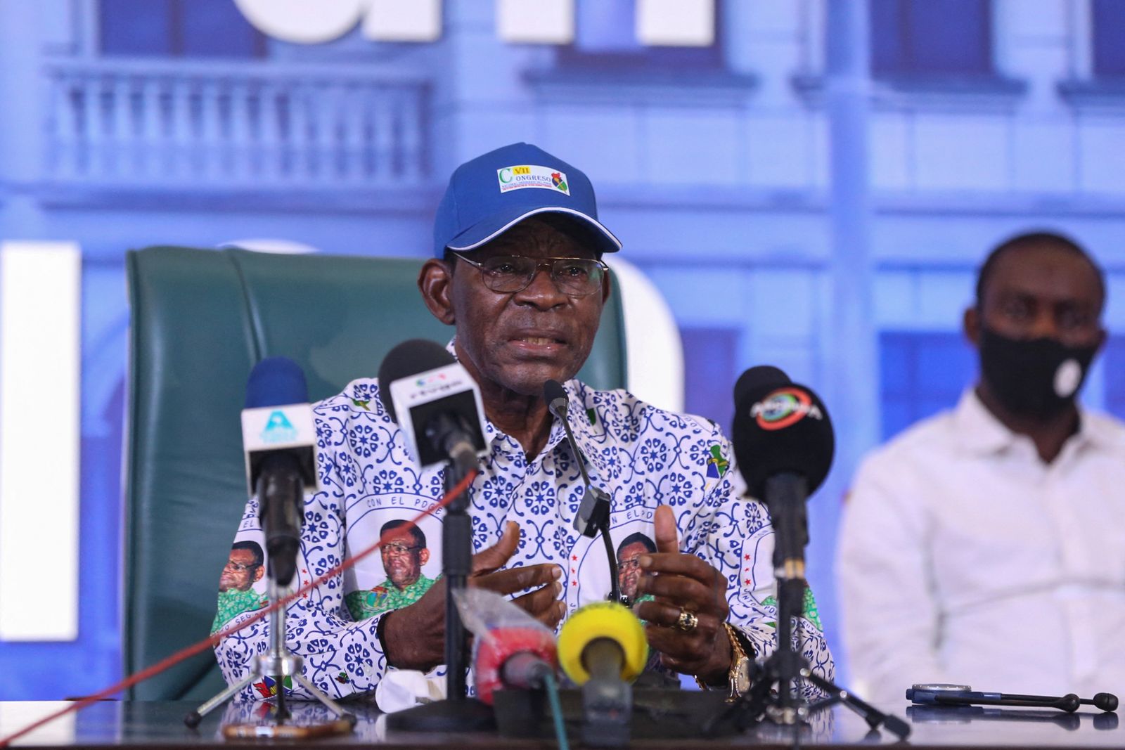 Teodoro Obiang Nguema Mbasogo, President of Equatorial Guinea and president of the Democratic Party of Equatorial Guinea (PDGE), speaks during a press conference at the congress hall in Bata, Equatorial Guinea, on November 25, 2021. (Photo by Steeve JORDAN / AFP) - AFP